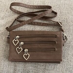 Crossbody Wallet Bag‎ Heart Zipper Charm Brown Small Purse